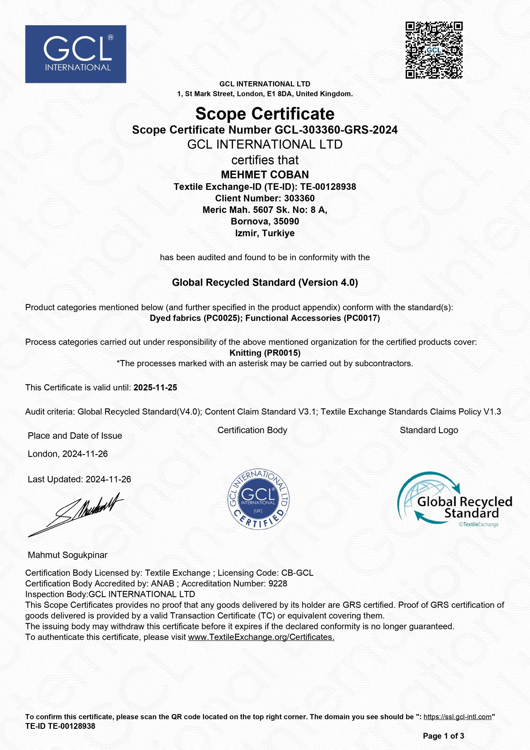 GRS Certificate