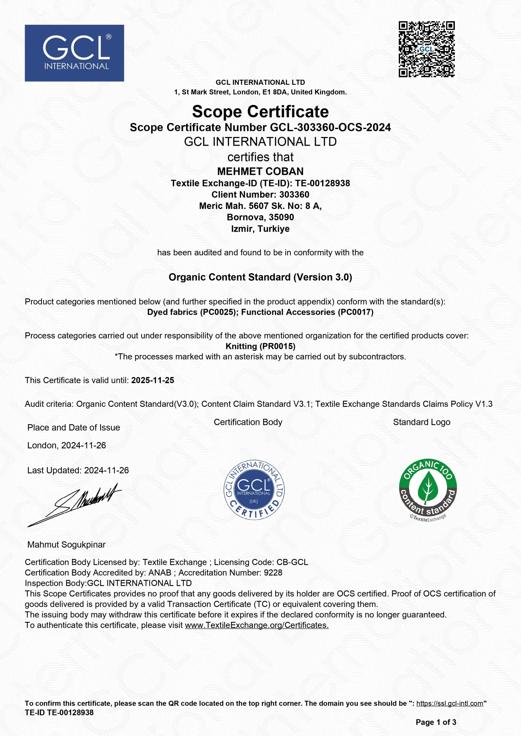 OCS Certificate